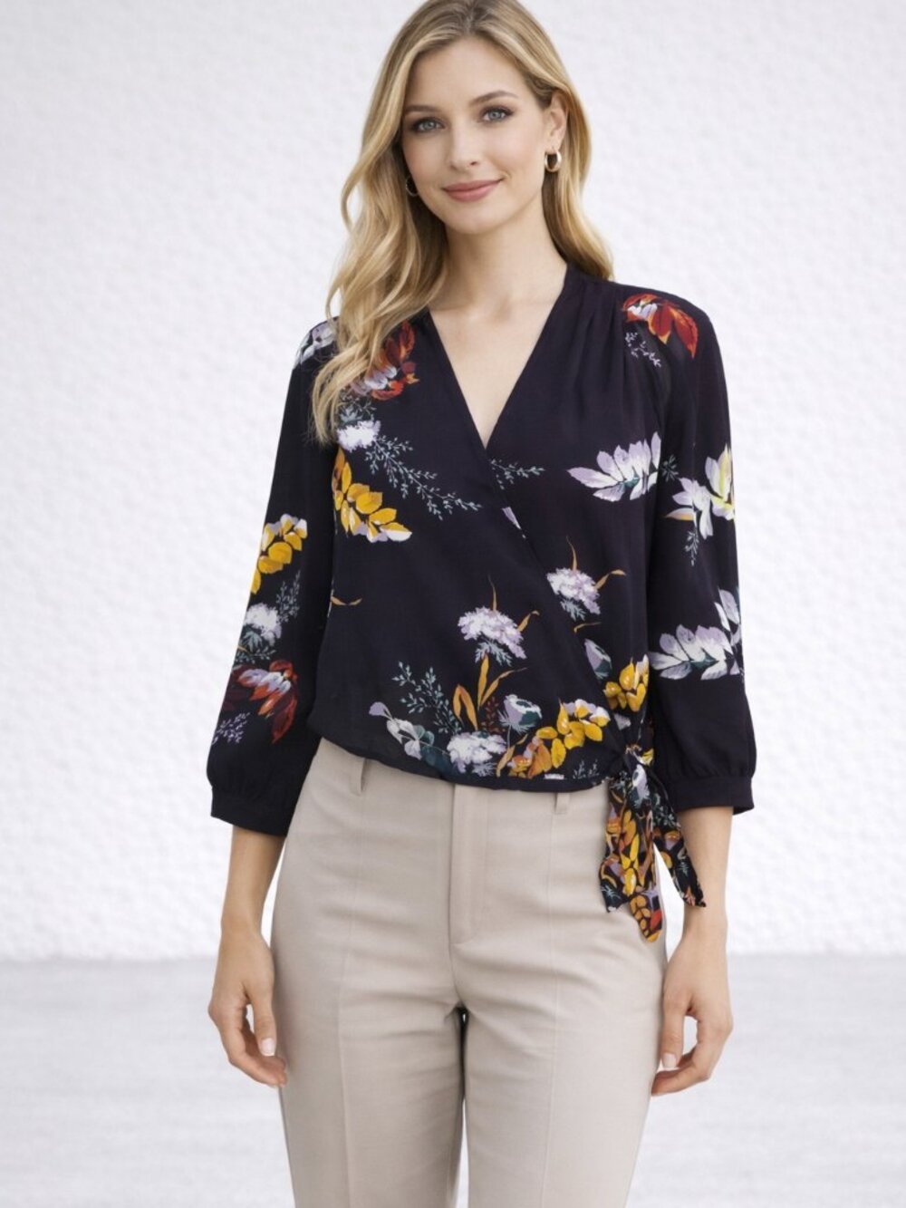 MADEWELL Boho Chic Dark Purple Blooming Oasis Pattern 3/4 Sleeve Wrap Top Sz XS